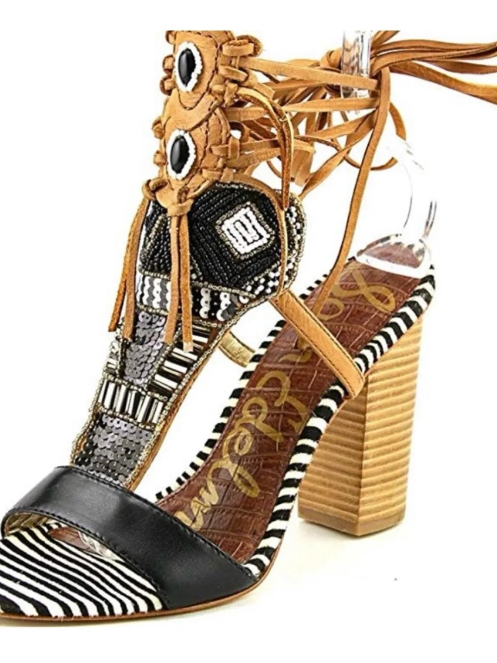 Sam Edelman Beaded Lace-Up Block Heel Sandal - Black, Tan, Zebra